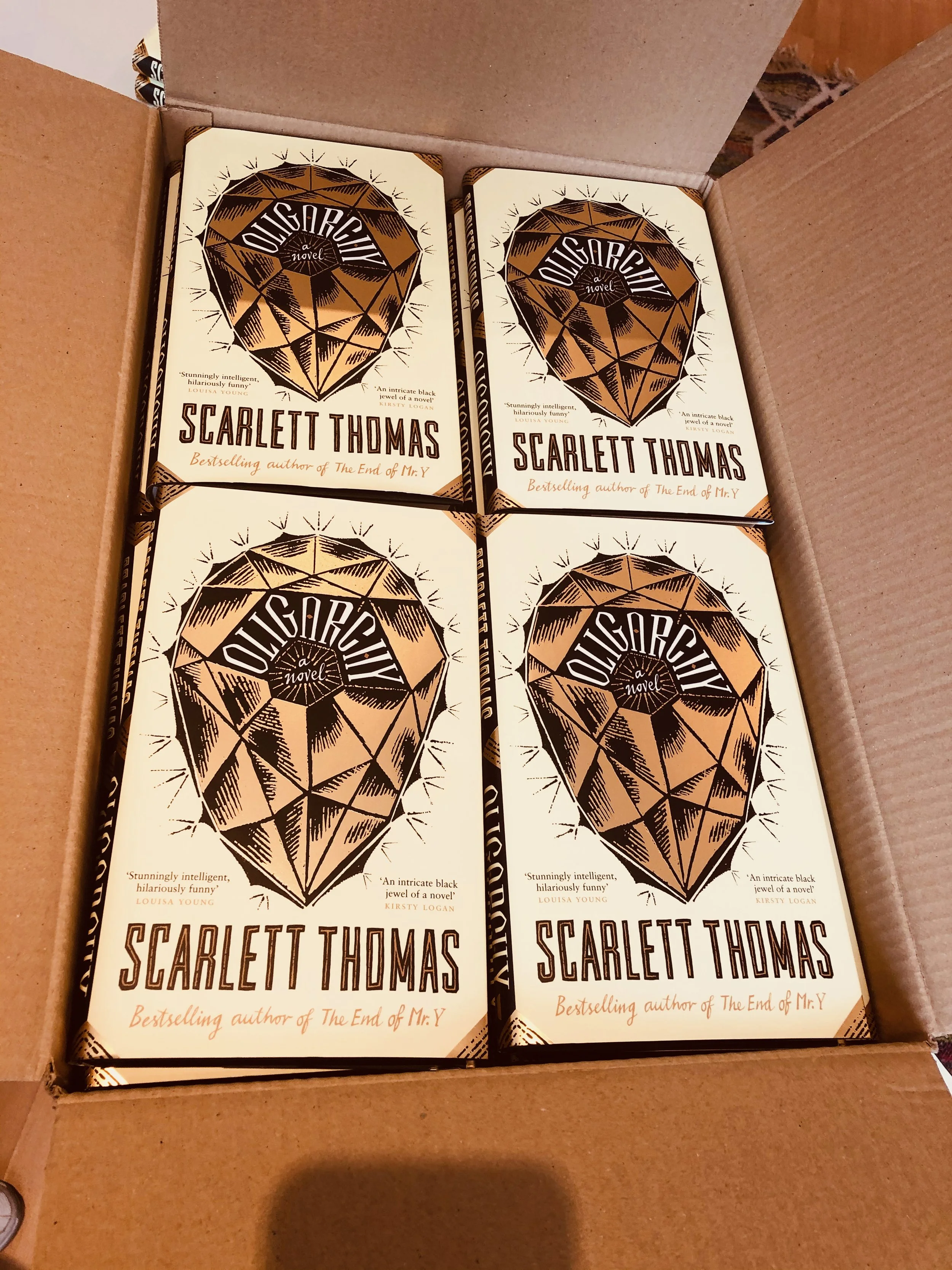 Four copies of the book "Digging In" by Scarlett Thomas inside a cardboard box.