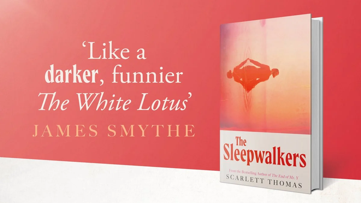 Book cover of The Sleepwalkers by Scarlett Thomas, with a pinkish background and an image of a person walking on a tightrope at sunset.