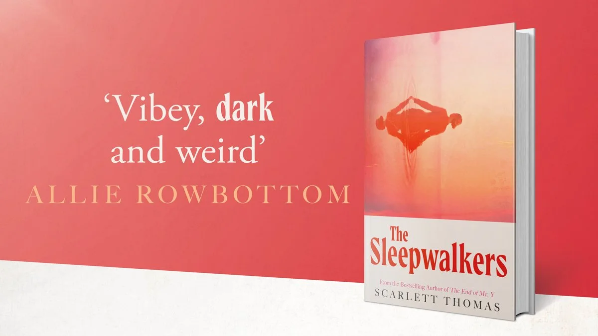 Book cover for "The Sleepwalkers" by Scarlett Thomas with a red and pink background and an illustration of a person floating through a sunset sky.