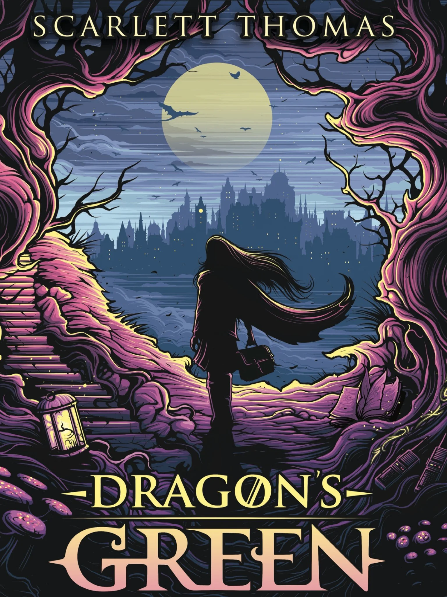 Book cover for 'Dragon's Green' by Scarlett Thomas, depicting a silhouette of a person with long hair carrying a suitcase, standing on a twisted, glowing pink and purple path, overlooking a castle in the distance under a large full moon and a dark sk