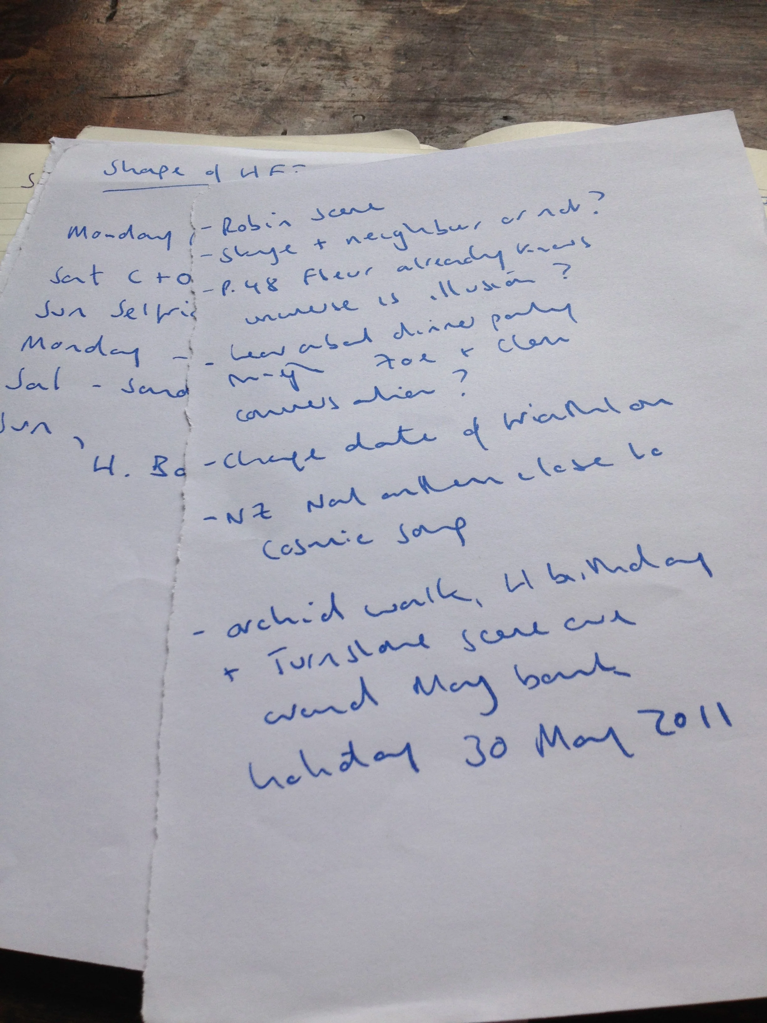 A handwritten page with notes, including dates, names, and tasks, resting over another sheet of paper on a wooden surface.