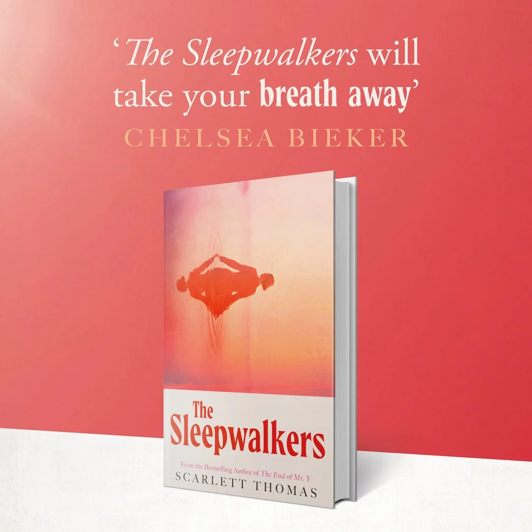 Cover of the book "The Sleepwalkers" by Scarlett Thomas, with poetic quote in pink and white text about sleepwalkers taking your breath away, against a pink landscape background.