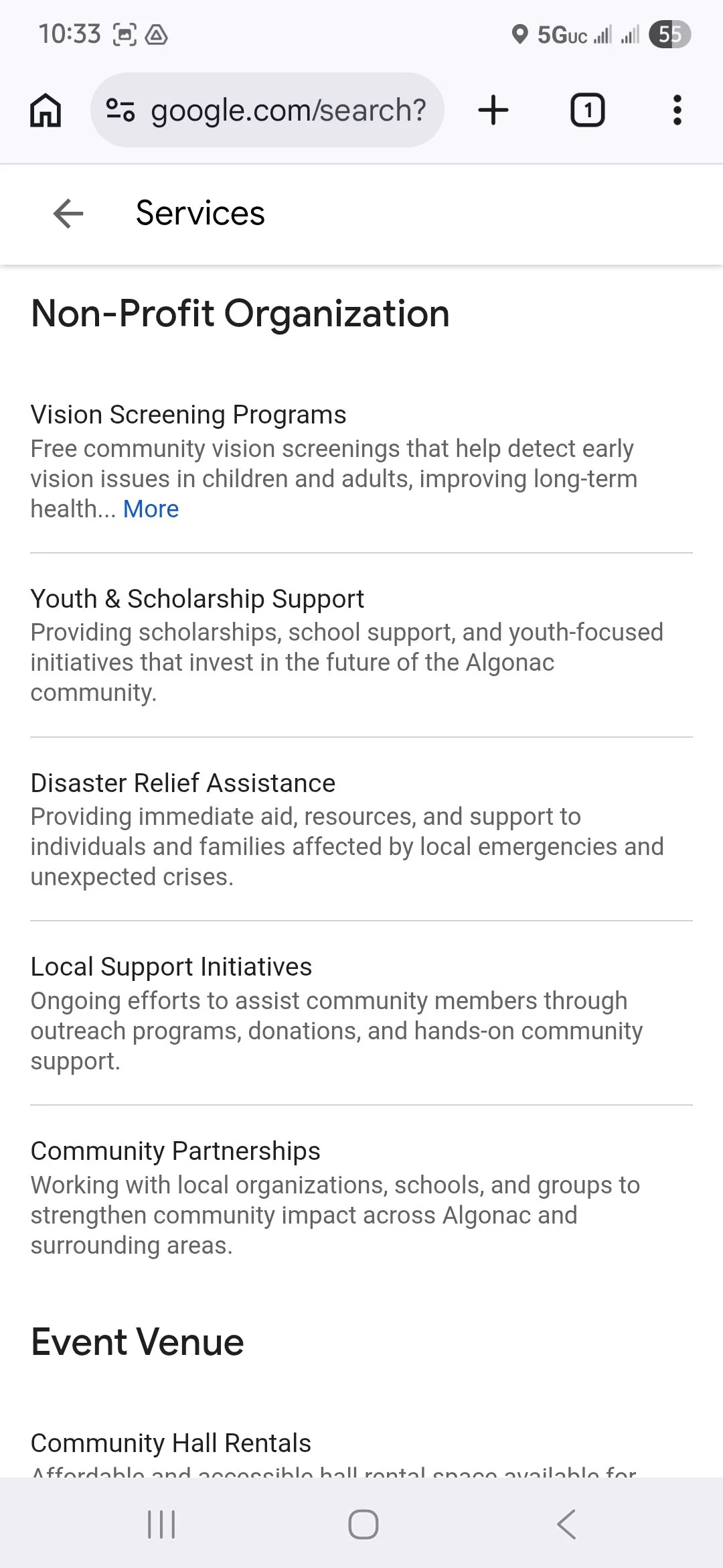 Expanded and structured service listings to highlight core nonprofit offerings such as vision programs, youth support, and disaster relief—improving visibility beyond hall rental services.