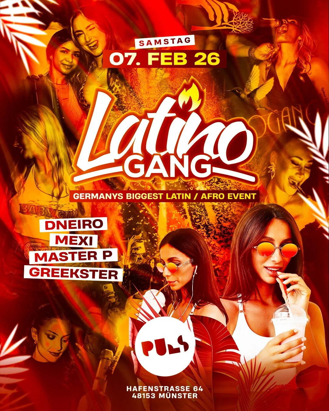 Eventposter für eine Latin- und Afro-Party am 7. Februar 2026 in Münster, mit Bildern von tanzenden Frauen, alkoholischen Getränken und Tanzmusik, mit zusätzlichen Details zu den Darbietungen und Veranstaltungsort.