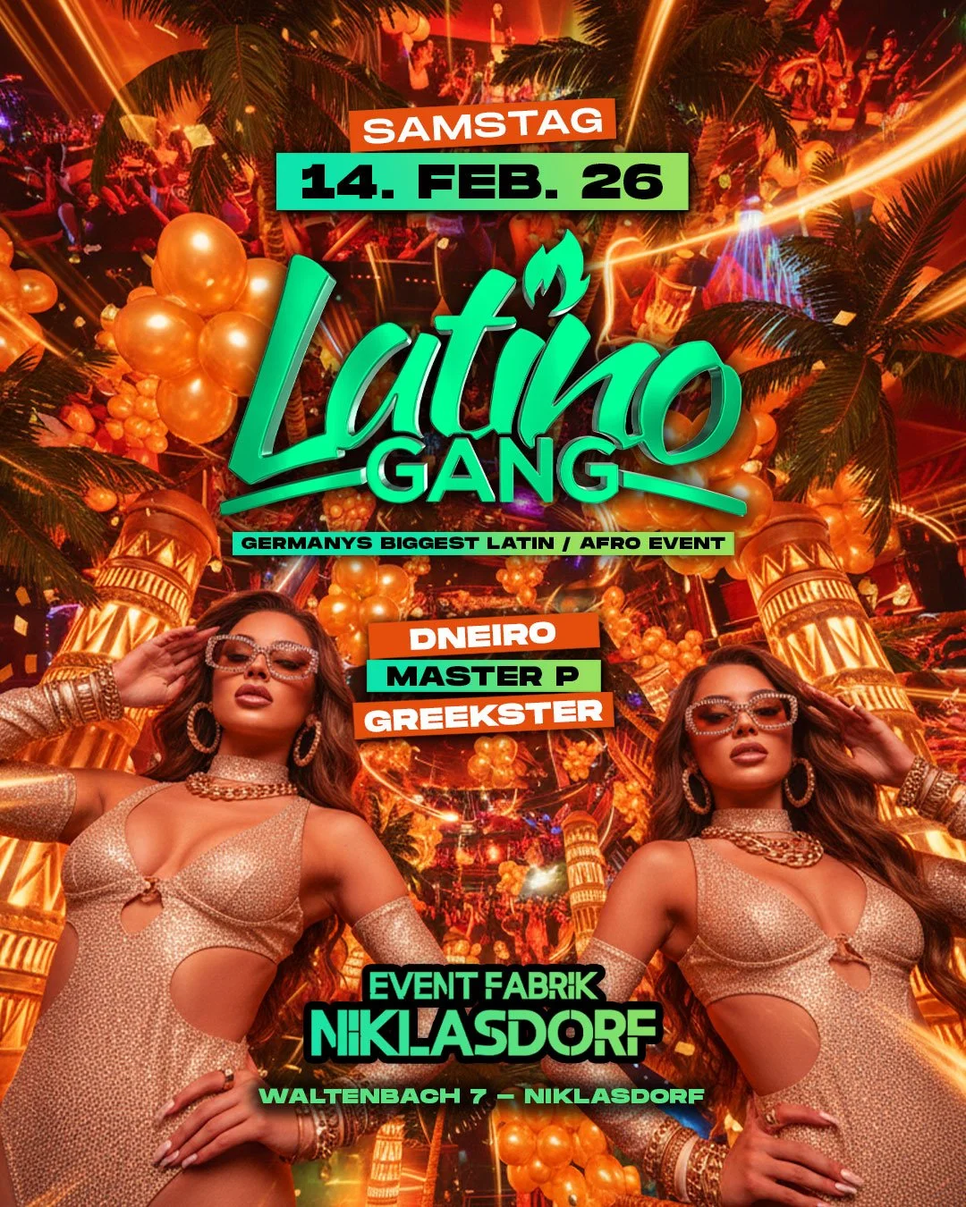 Promobild für ein Latin- und Afro-Event mit zwei Frauen im Party-Outfit, im Hintergrund eine festliche, goldene Dekoration mit Palmen und Ballons.