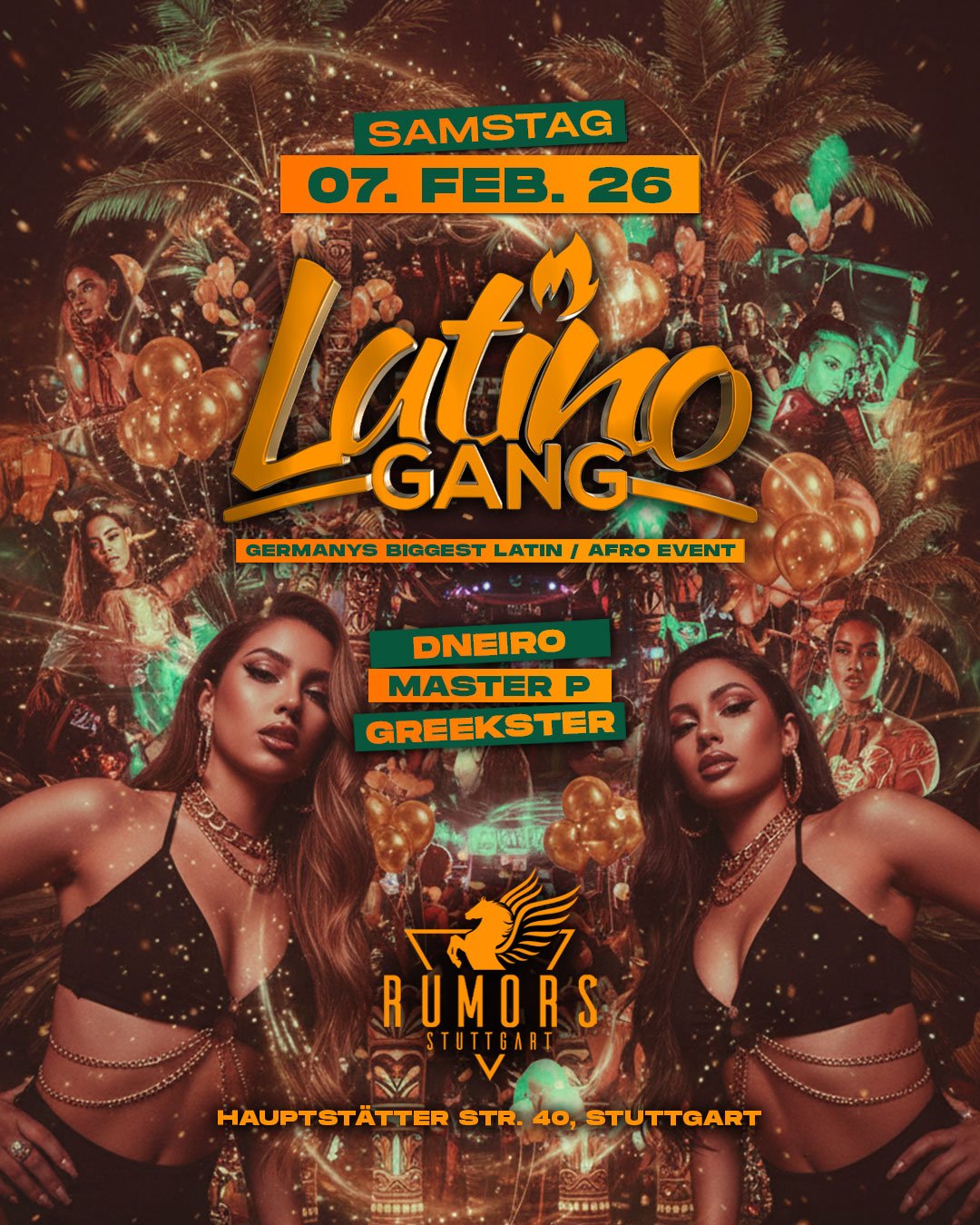 Werbeflyer für eine Latino-Gang-Party am 7. Februar 2026 in Stuttgart mit Musik von Dneiro, Master P und Greekster, mit zwei Frauen im Vordergrund, festlicher Hintergrund mit Gold- und Generationsdekorationen.