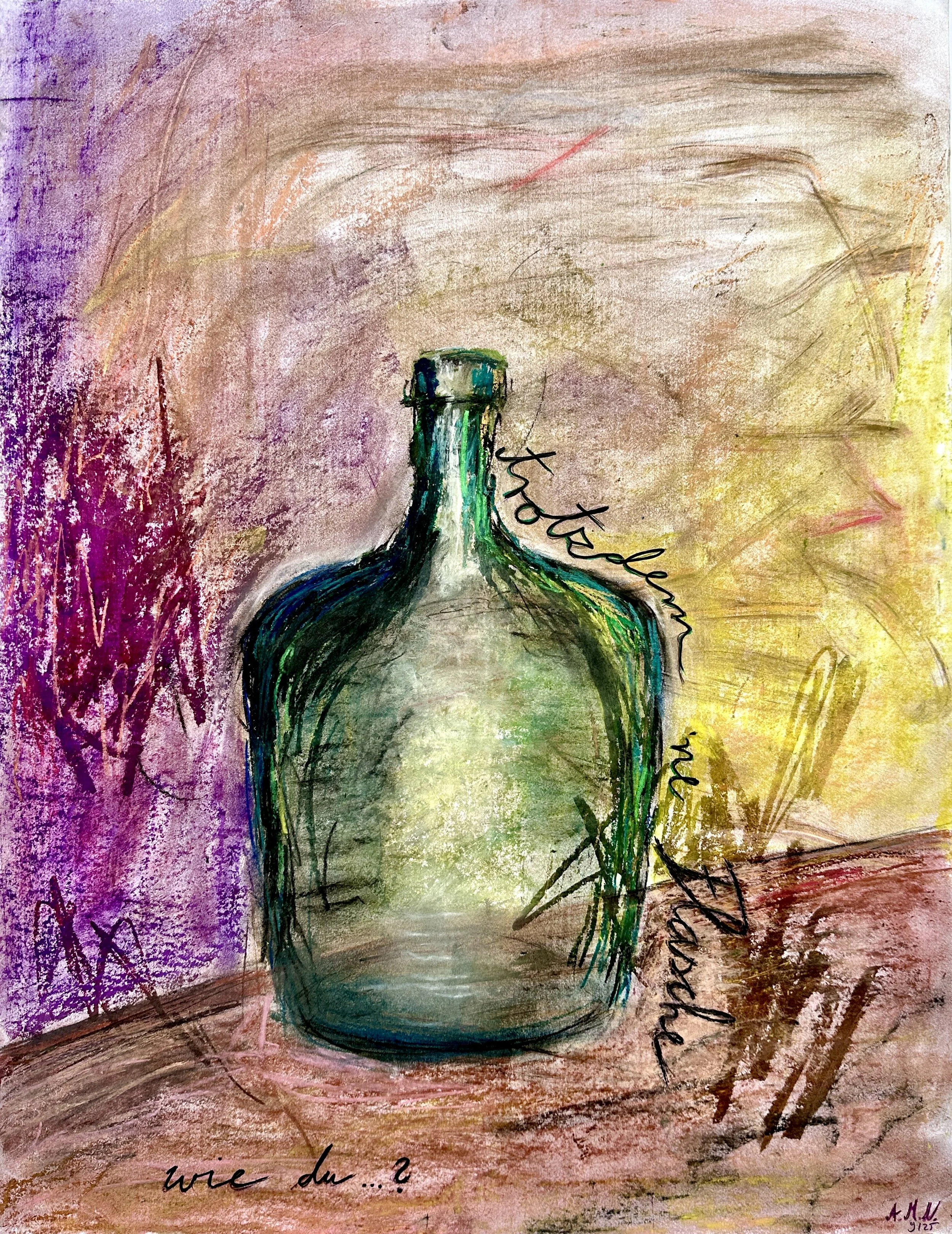 trotzdem ‘ne Flasche |
65 x 50 cm |
Mixed Media auf Chromokarton |
2025