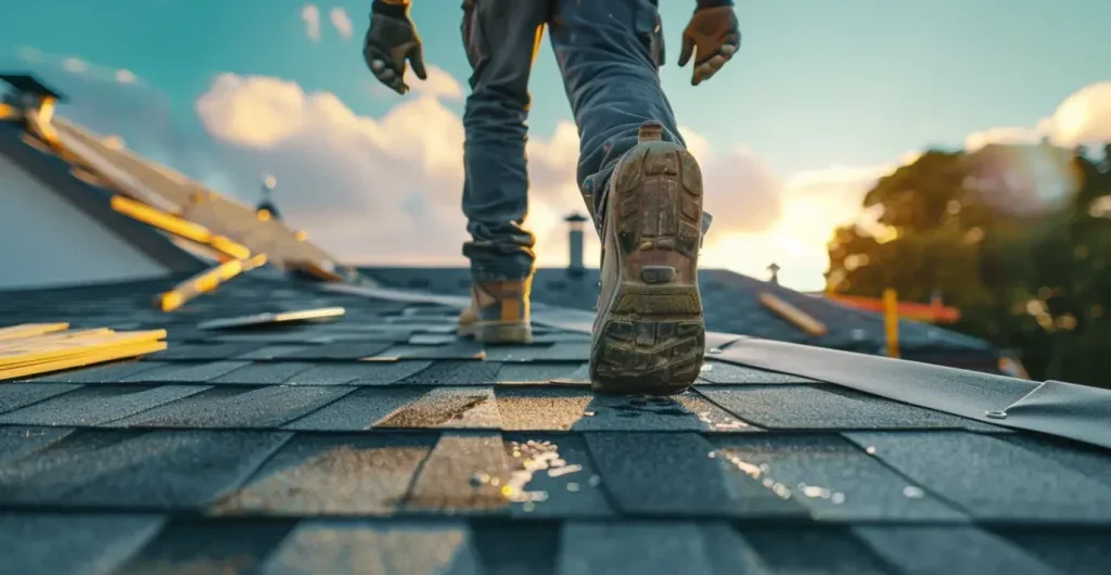 Worker installing or repairing roof shingles on a house during sunset.