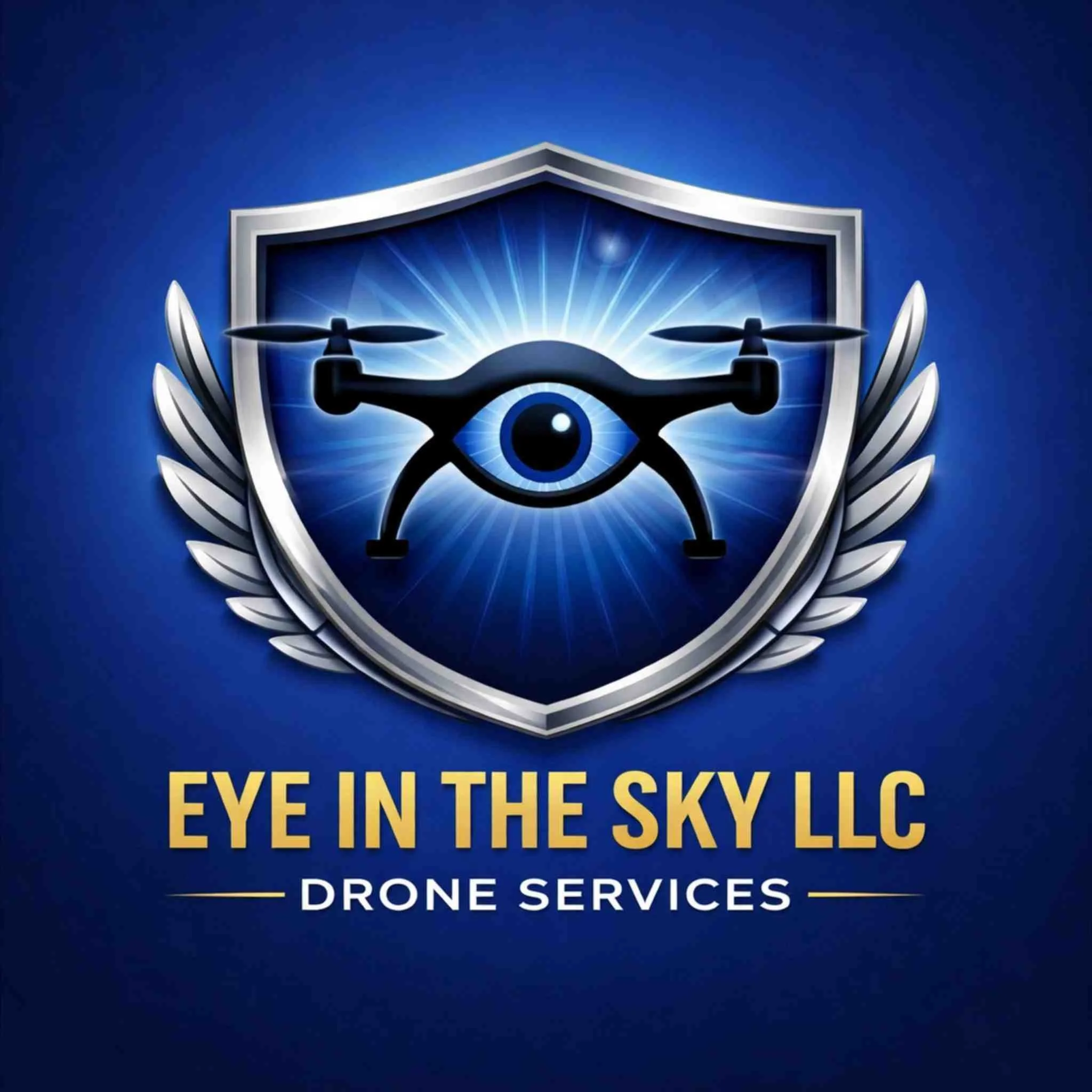 Logo for Eye in the Sky LLC Drone Services featuring a drone and a shield with rays of light in the background.