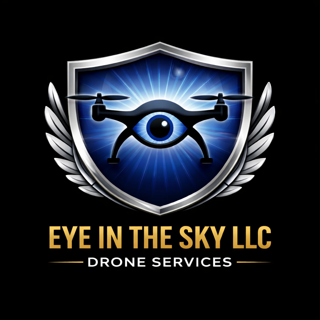 A logo for Eye in the Sky LLC Drone Services featuring a shield with a blue background, a drone with a camera lens in the center, and an eye in the middle of the lens. Silver laurel branches surround the shield, and the company name is written below in gold and white text.