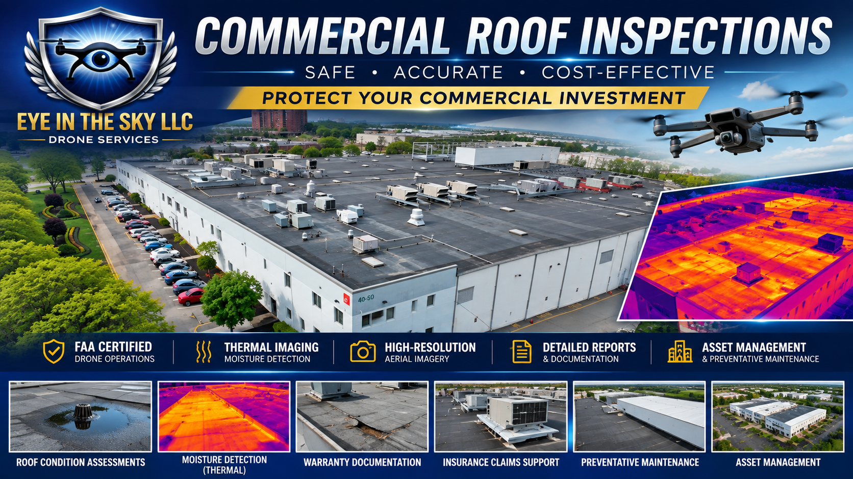 Banner for commercial roof inspections by Eye in the Sky LLC drone services, featuring an aerial view of a commercial building with a drone in flight, thermographic imagery of the roof, and icons indicating FAA certification, thermal imaging, high-resolution aerial imagery, detailed reports, and asset management.