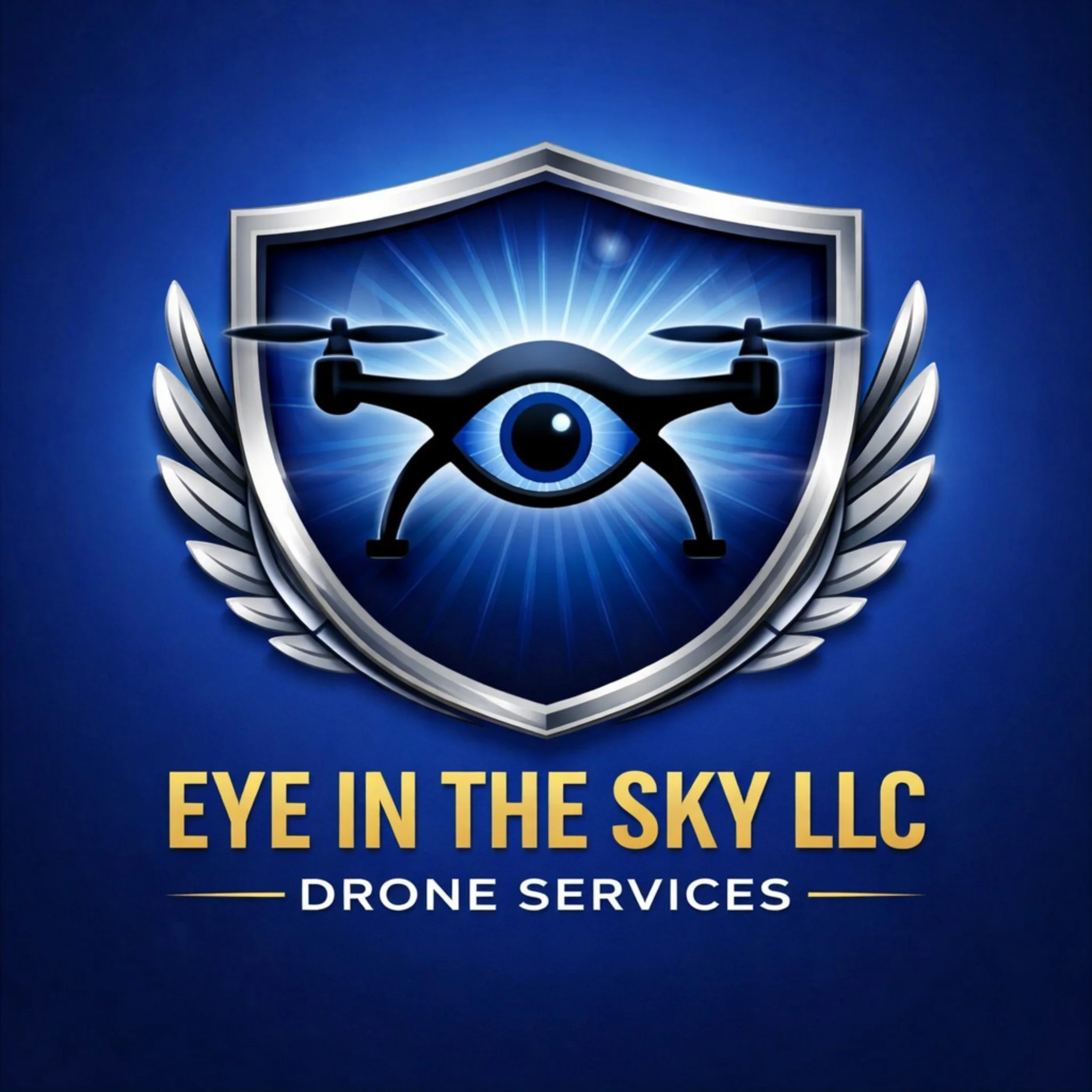 A logo for Eye in the Sky LLC drone services featuring a drone with a central eye, a shield, and laurel leaves on a blue background.