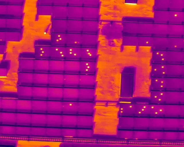 Infrared image of a building facade with brickwork and window, showing heat variations in purple, orange, and yellow.