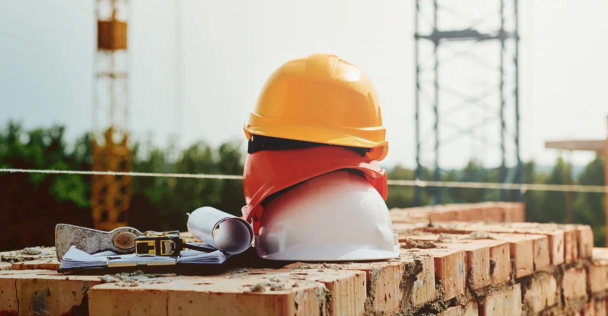 Construction site with safety helmets, a rolled blueprint, a measuring tape, a trowel, and a brush on a brick wall, with construction tower in the background.