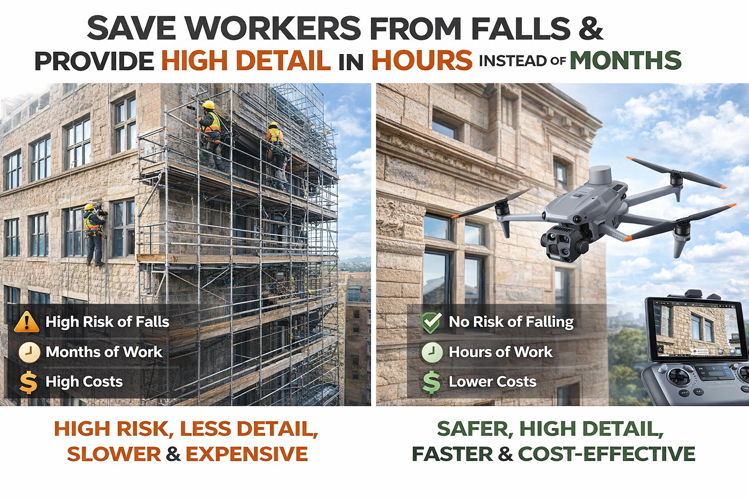 Comparison of traditional scaffolding and drone technology for work at a building. The left side shows workers on scaffolding with risks like falls, high costs, and longer work times. The right side shows a drone capturing images for high-detail, safer, faster, and cost-effective work.