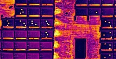 Solar infrared scan of roof top installation, showing damage to some panels.