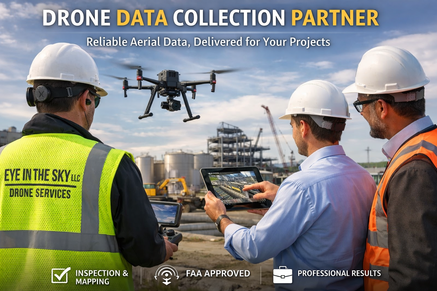 Three construction workers at a site using drones and tablets for inspection. One wears a high-visibility vest labeled 'EYE IN THE SKY LLC Drone Services,' and all are wearing safety helmets. The background shows an industrial construction area.
