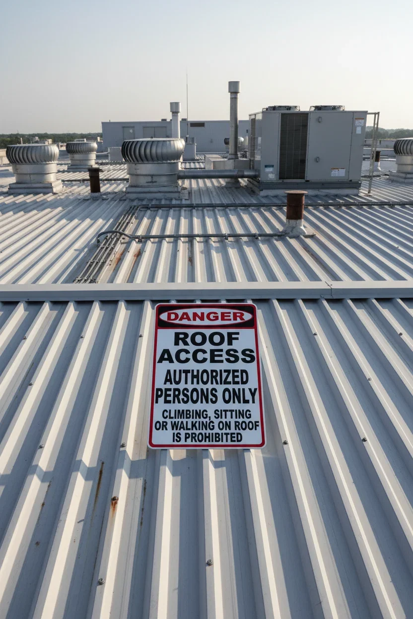 A warning sign on a metal rooftop indicating that roof access is restricted to authorized persons only, and that climbing, sitting, or walking on the roof is prohibited.