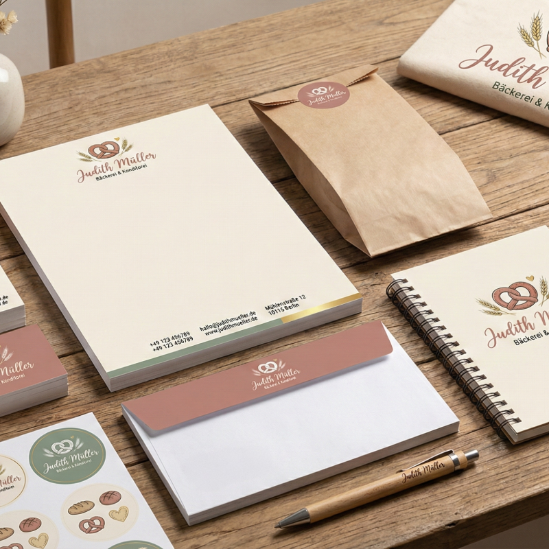 Komplettes Start-up Branding Kit für eine Bäckerei. Individuelles Logo auf Briefpapier, Stofftasche und Verpackung.