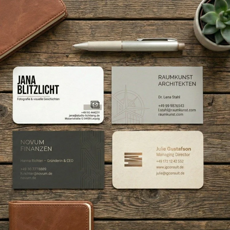 Gedruckte, professionelle Visitenkarten mit Logo. ModernPanda bietet druckfertiges Visitenkarten-Design für Start-ups.