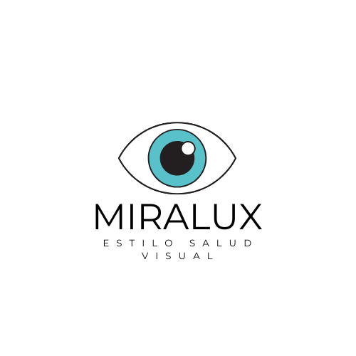 Logotipo de un ojo estilizado con texto que dice 'MIRALUX' y la frase 'ESTILO SALUD VISUAL' debajo.