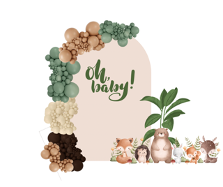 Decorative baby-themed illustration with pastel-colored marshmallow-like shapes, a large beige door with green text "Oh, baby!", cartoon animals including a bear, a raccoon, a fox, and a hedgehog, and green plant leaves.