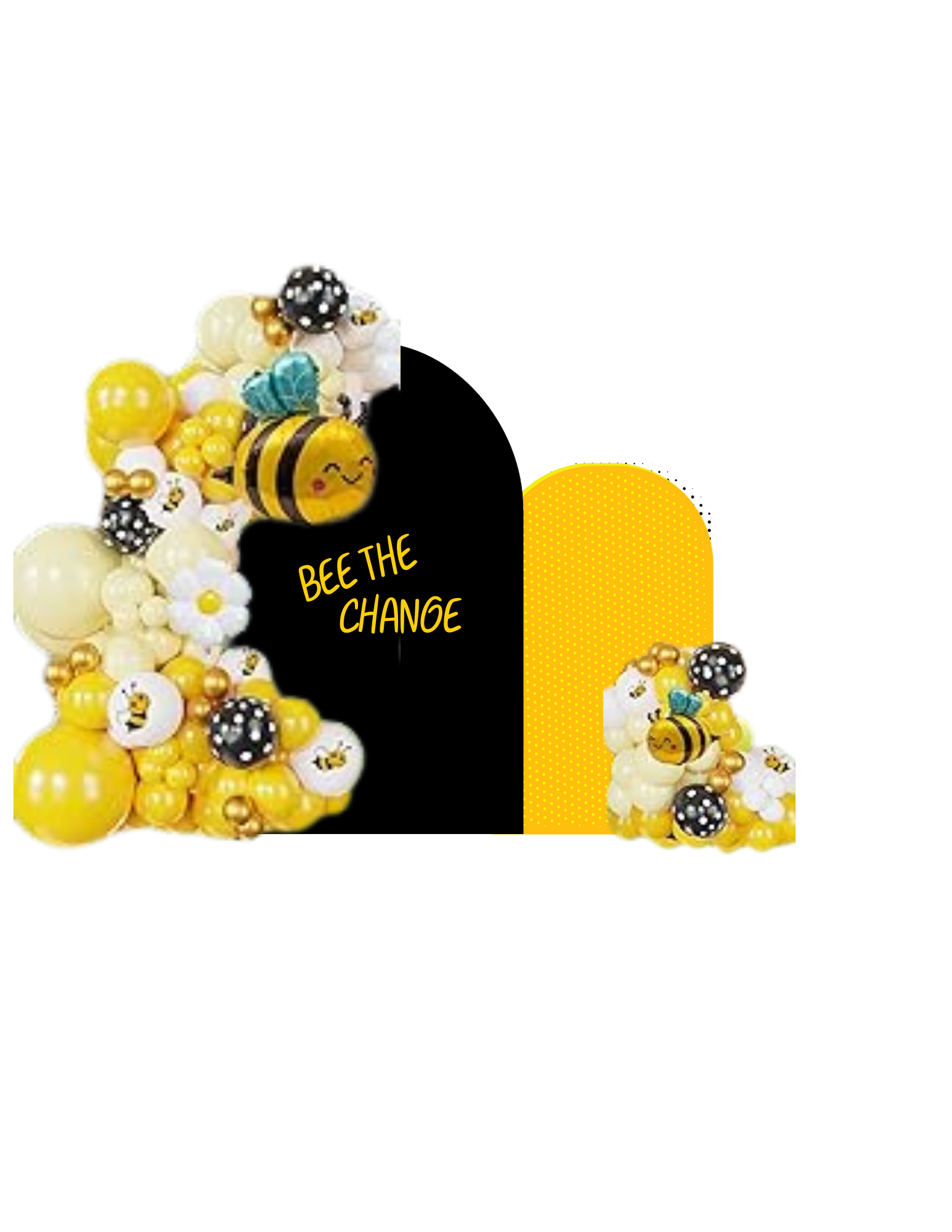 Decorative balloons in yellow, black, and white with bee and flower motifs, featuring the text 'BEE THE CHANGE' on a black background with yellow accents.