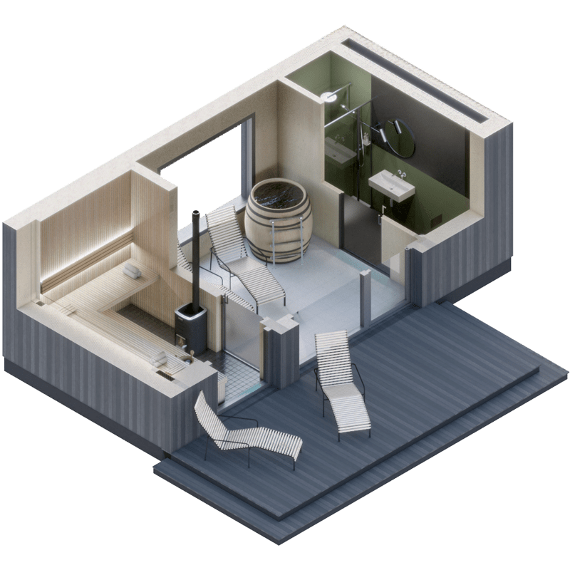 A 3D floor plan of a Modular CLT Laminated Timber Home