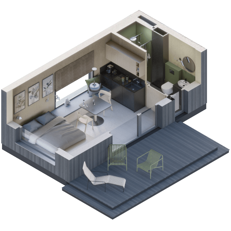 A 3D floor plan of a Modular CLT Laminated Timber Home
