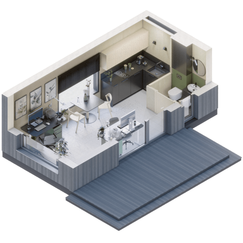 A 3D floor plan of a Modular CLT Laminated Timber Home