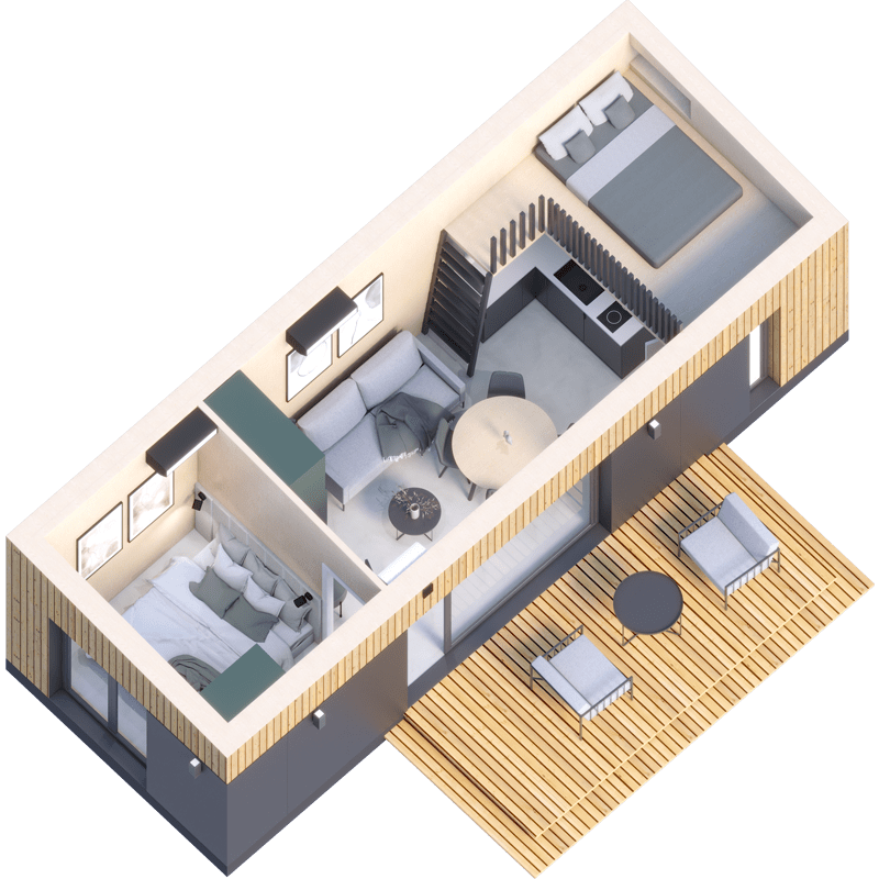 A 3D floor plan of a Modular CLT Laminated Timber Home