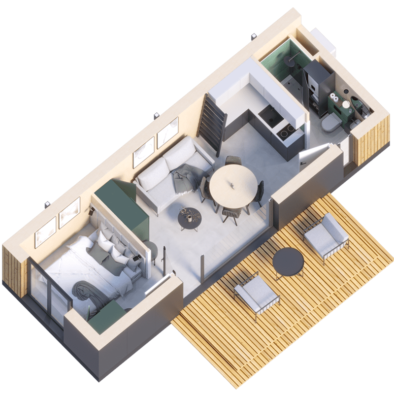 A 3D floor plan of a Modular CLT Laminated Timber Home