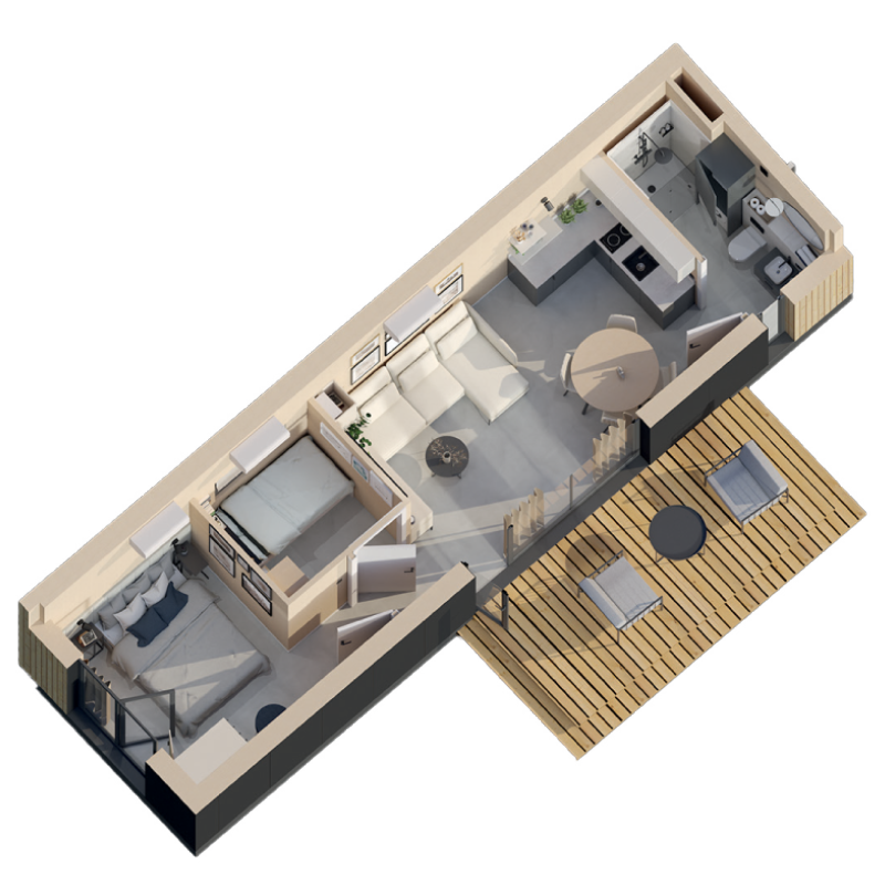 A 3D floor plan of a Modular CLT Laminated Timber Home