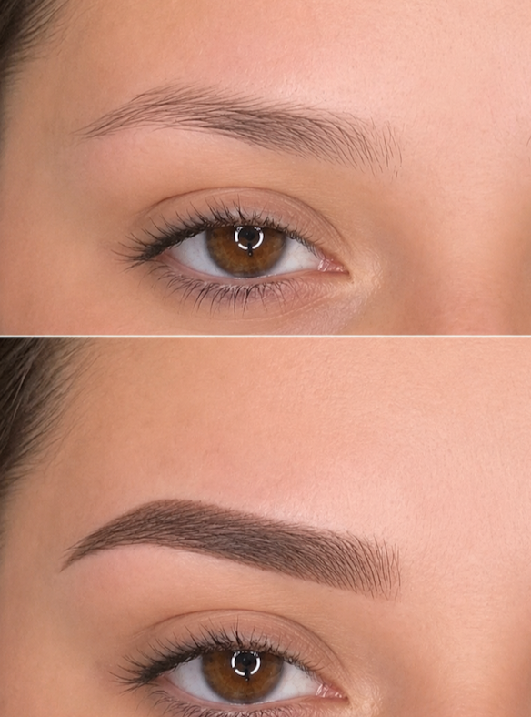 Close-up of a woman's eye showing before and after eyebrow enhancement, with well-shaped, filled-in eyebrows in the after image.