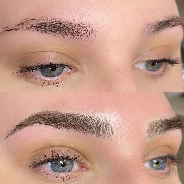 Close-up of a person's face showing a before and after comparison of eyebrow grooming, with the lower part having well-shaped, fuller eyebrows and the upper part having lighter, less defined eyebrows.