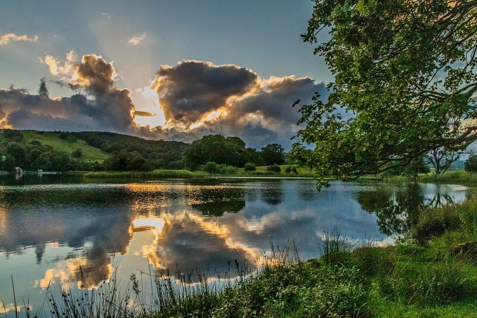 A peaceful lake with calm water reflecting the cloudy sky and surrounding green trees and hills during sunset.