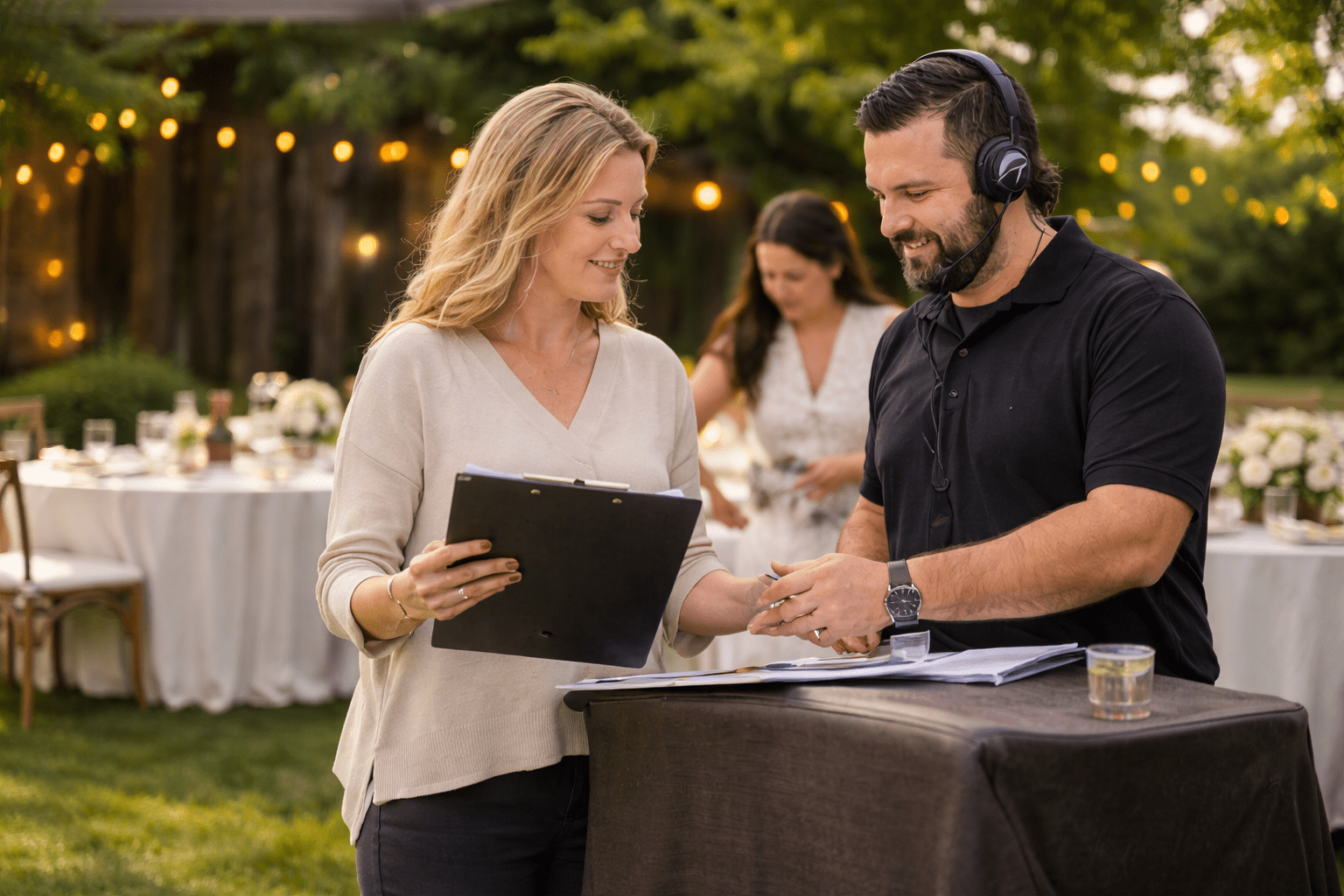 Two wedding vendors exchanging business cards, with a woman in the background setting up tables decorated with flowers and lights.
