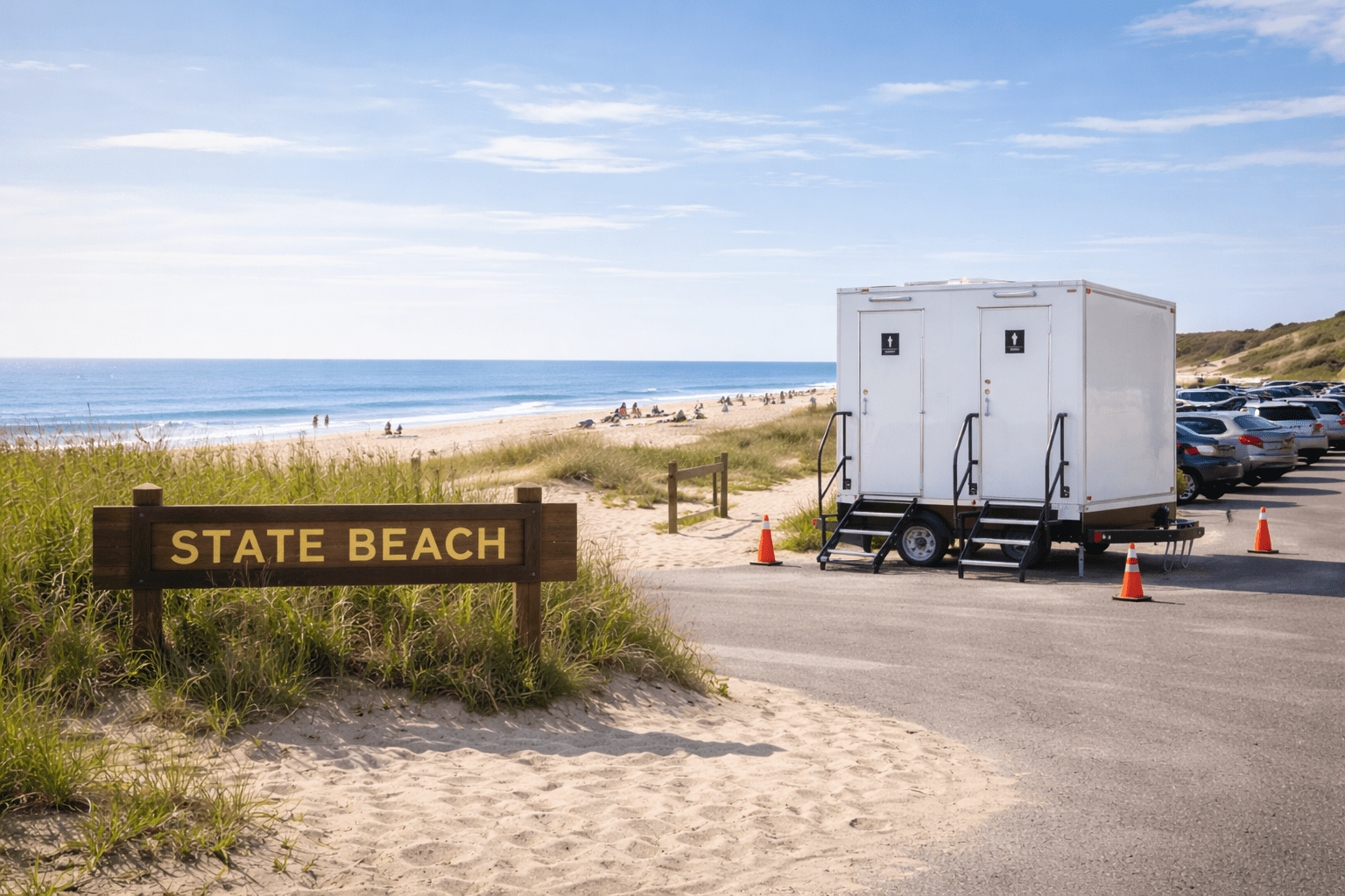 Beach parking lot at State Beach with a portable restroom trailer, parked cars, and visitors on the sandy shore. There are grassy dunes, a clear blue sky, and ocean waves in the background.