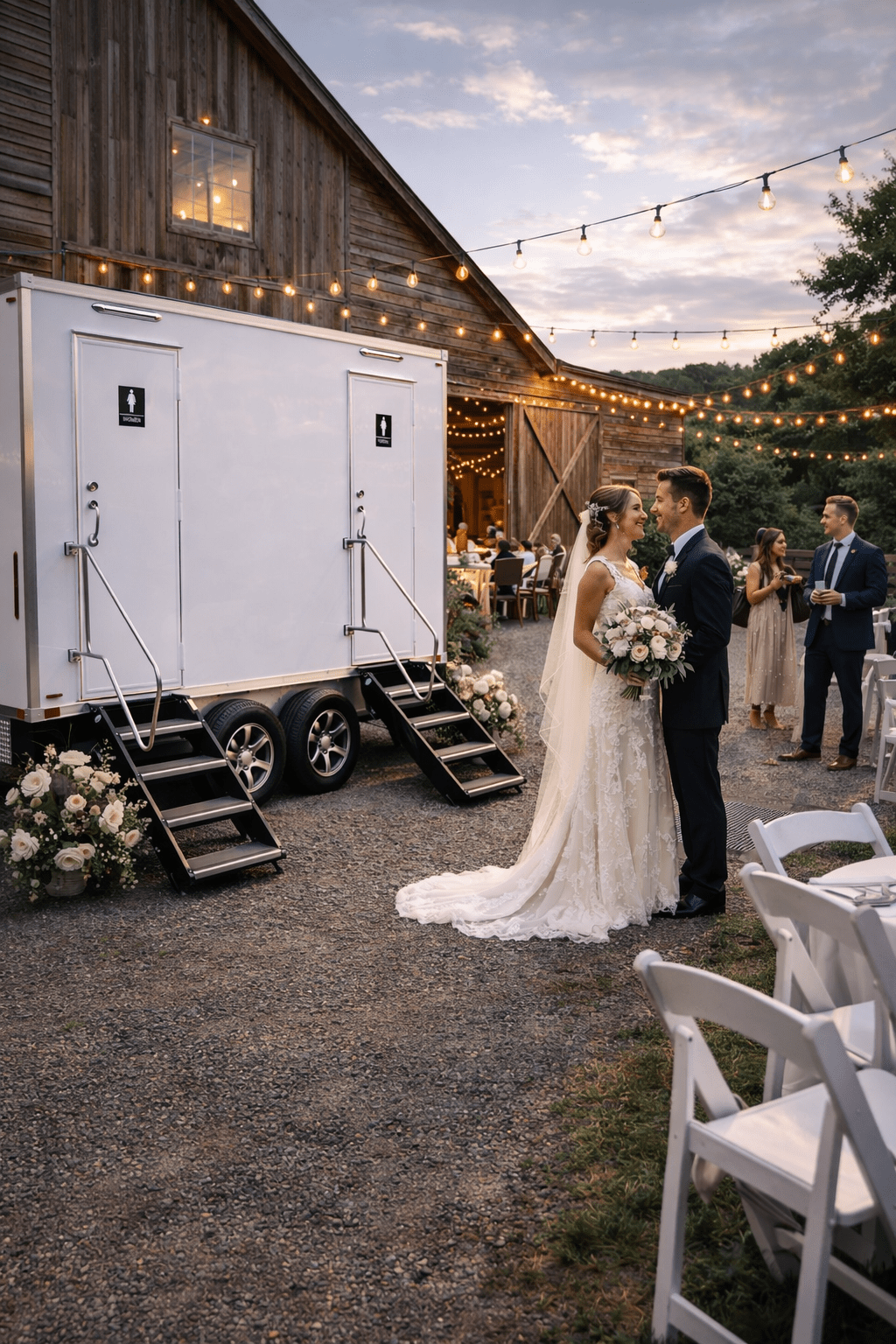 Bride and groom sharing a kiss at their outdoor wedding reception at sunset, with guests and string lights in the background. Mobile restroom trailer parked outside the bar