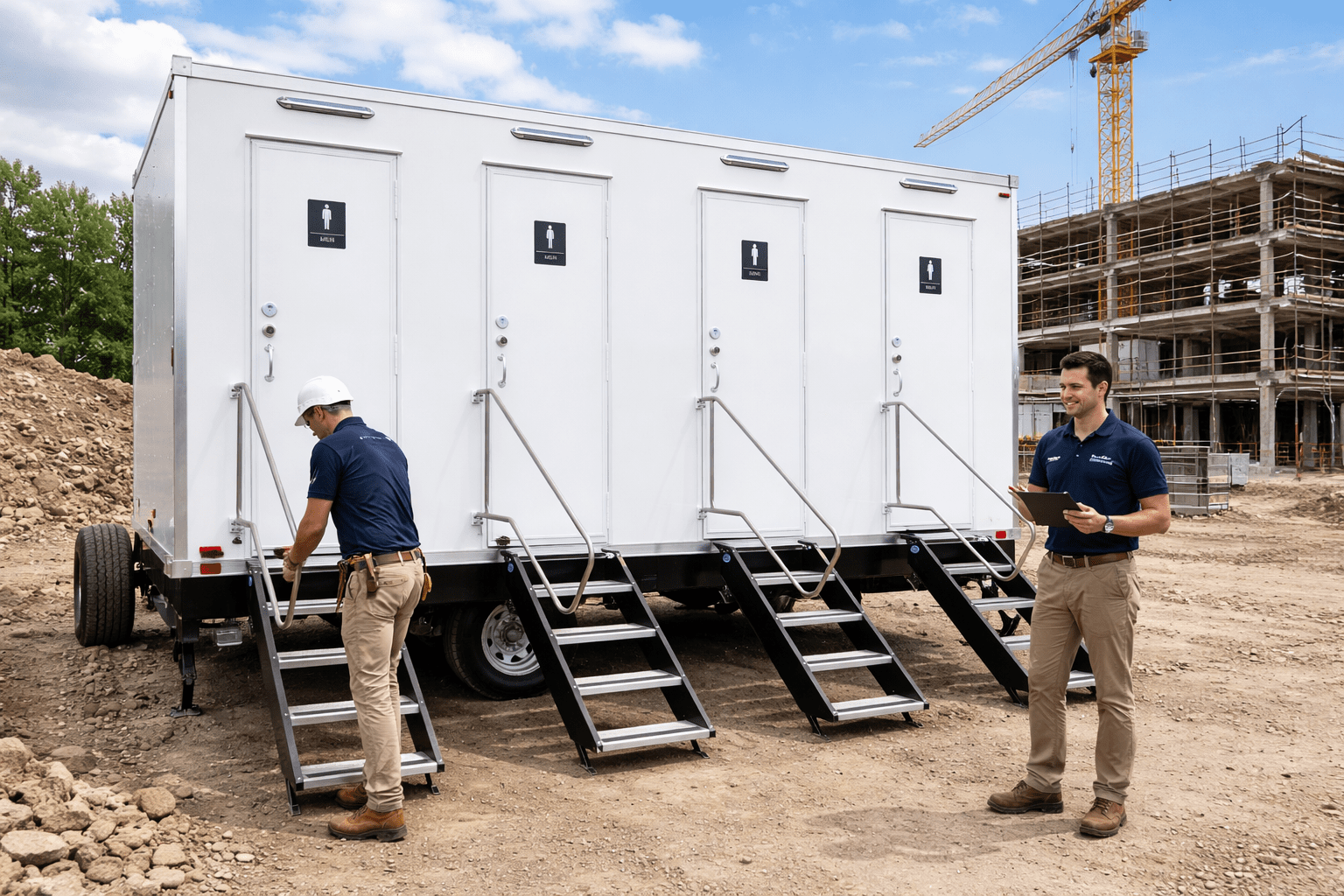 Portable restroom trailer at a construction site with two workers, one with a hard hat and tools, the other holding a clipboard, in front of a partially built multi-story building and a yellow crane.