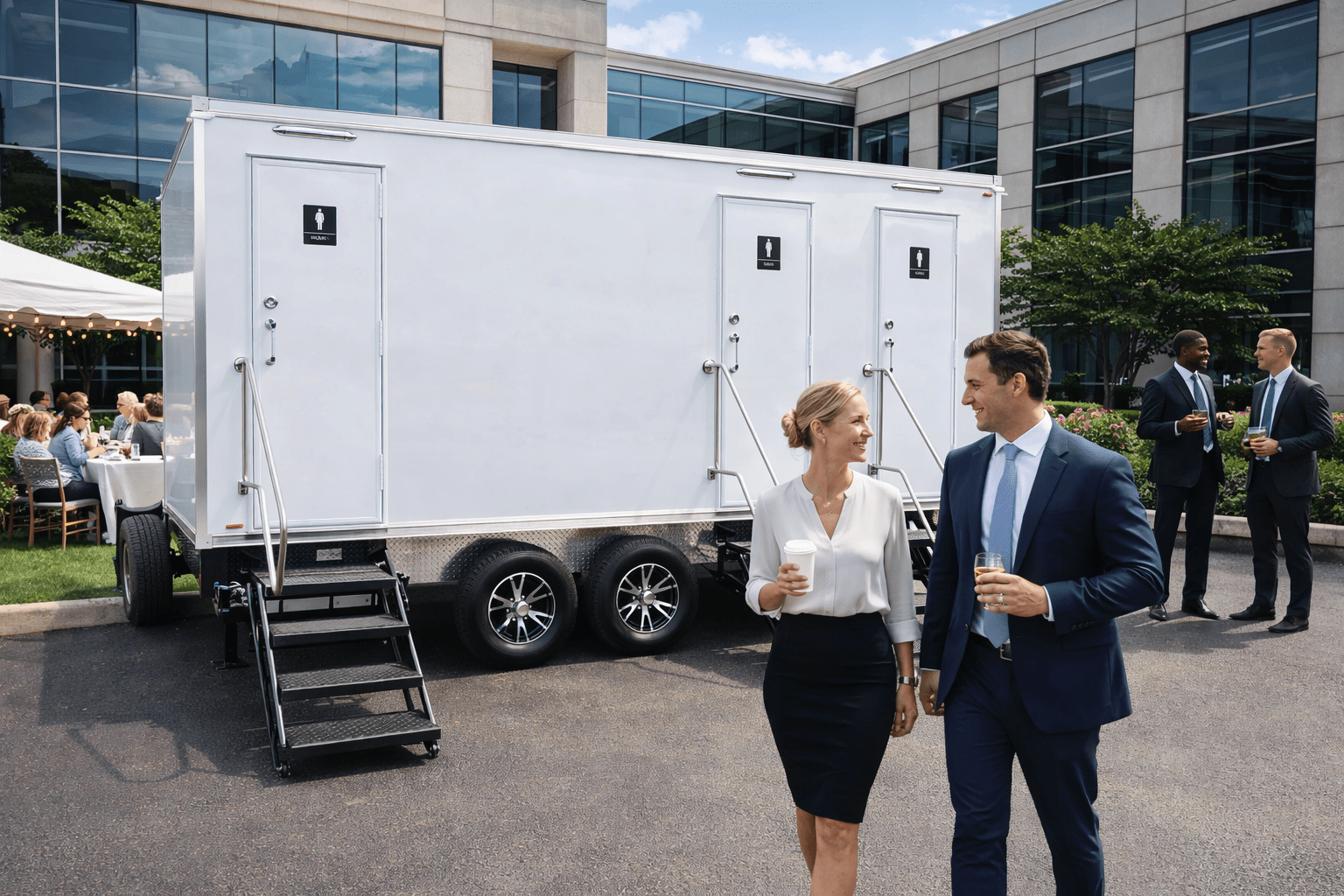 Business professionals socializing outside near a mobile restroom trailer at an outdoor event, with a modern office building and a tent in the background.