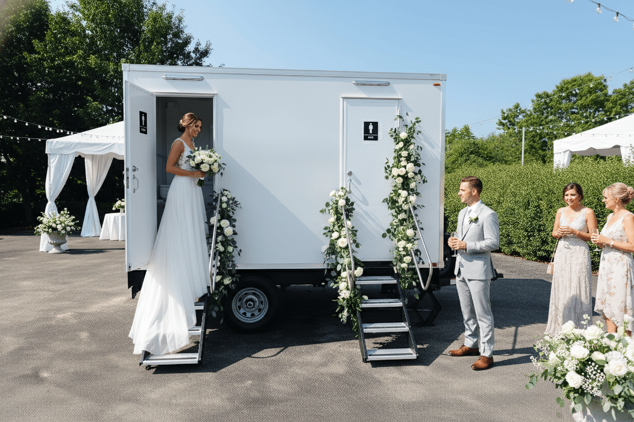 A wedding celebration outdoors with a bride on a mobile restroom with floral decorations, and a groom and guests standing nearby, with tents and string lights in the background.