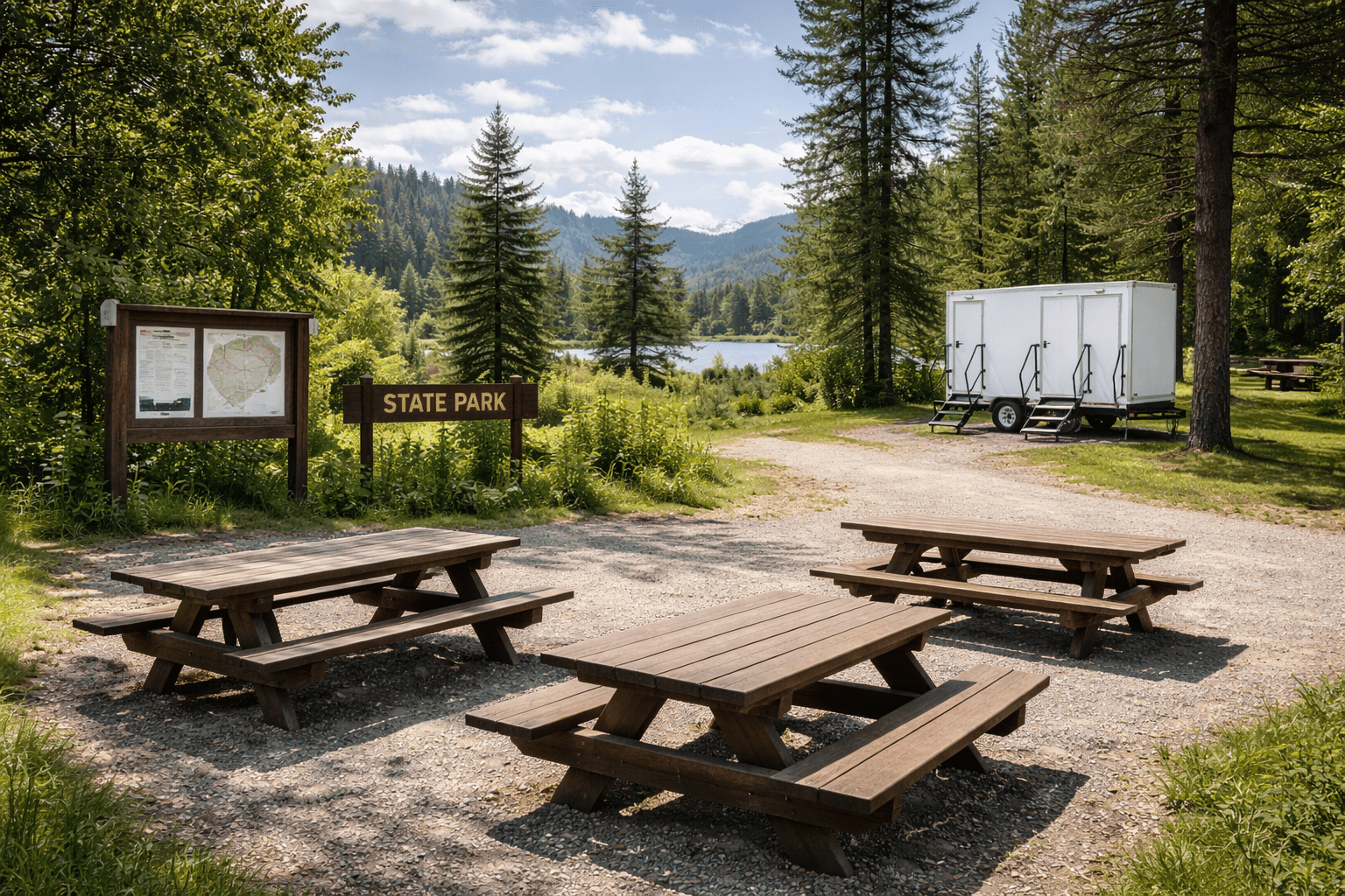 Wedding scene with a bride on a mobile restroom trailer, holding a bouquet, and three guests in formal attire, outdoors decorated with white flowers and greenery.