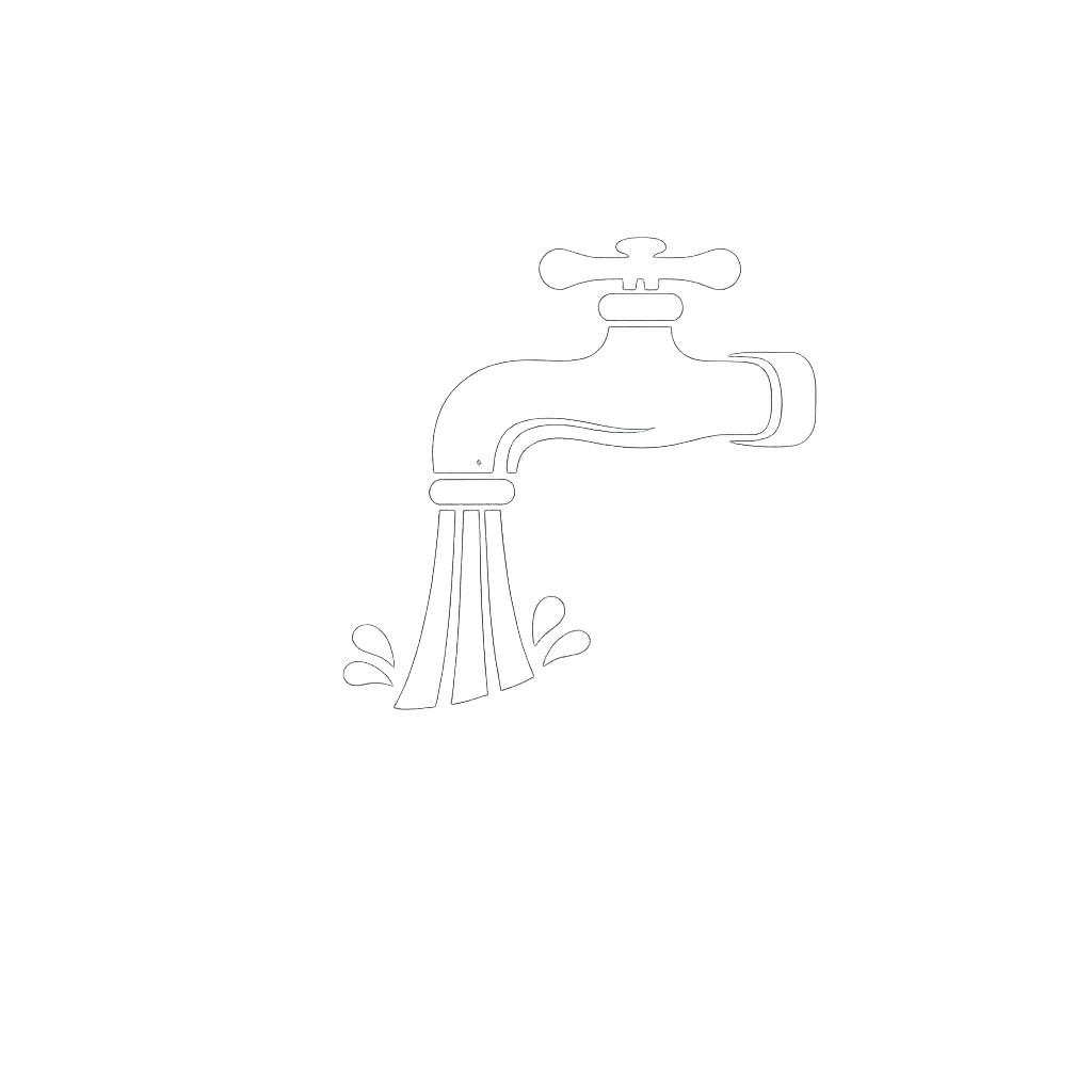 Simple black and white illustration of a water faucet with water dripping from it.