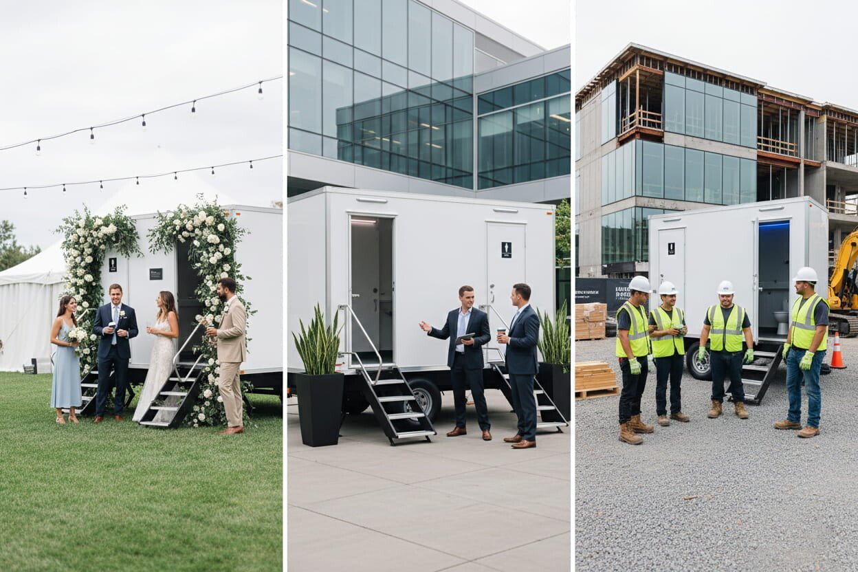 A trailer converted into a portable restroom at an outdoor wedding, a trailer turned into a portable office at a corporate site, and a trailer serving as a construction site facility with workers and a partially built building.
