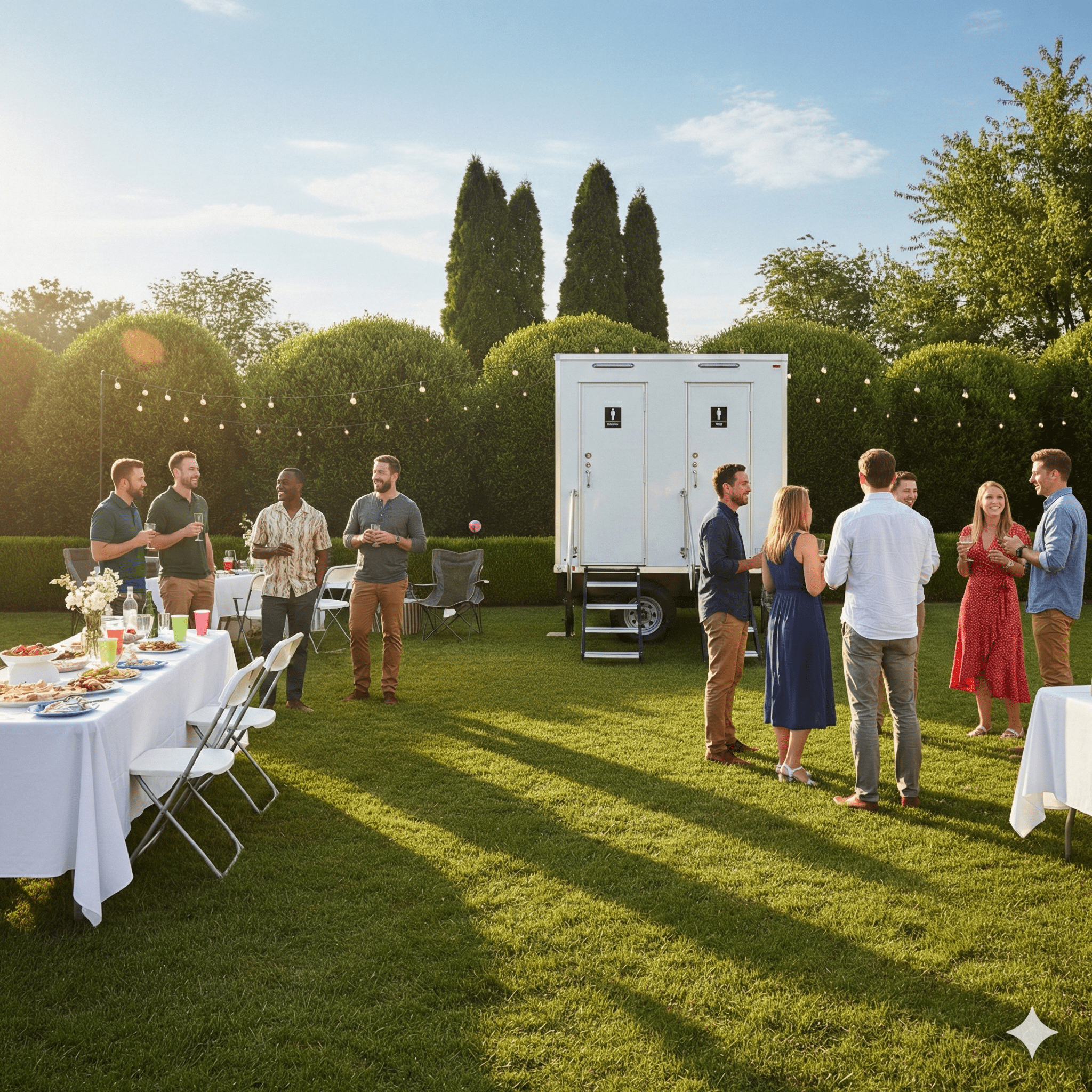 People enjoying an outdoor gathering with food and drinks on a grassy lawn during daylight, with string lights and trees in the background, and a mobile restroom trailer.