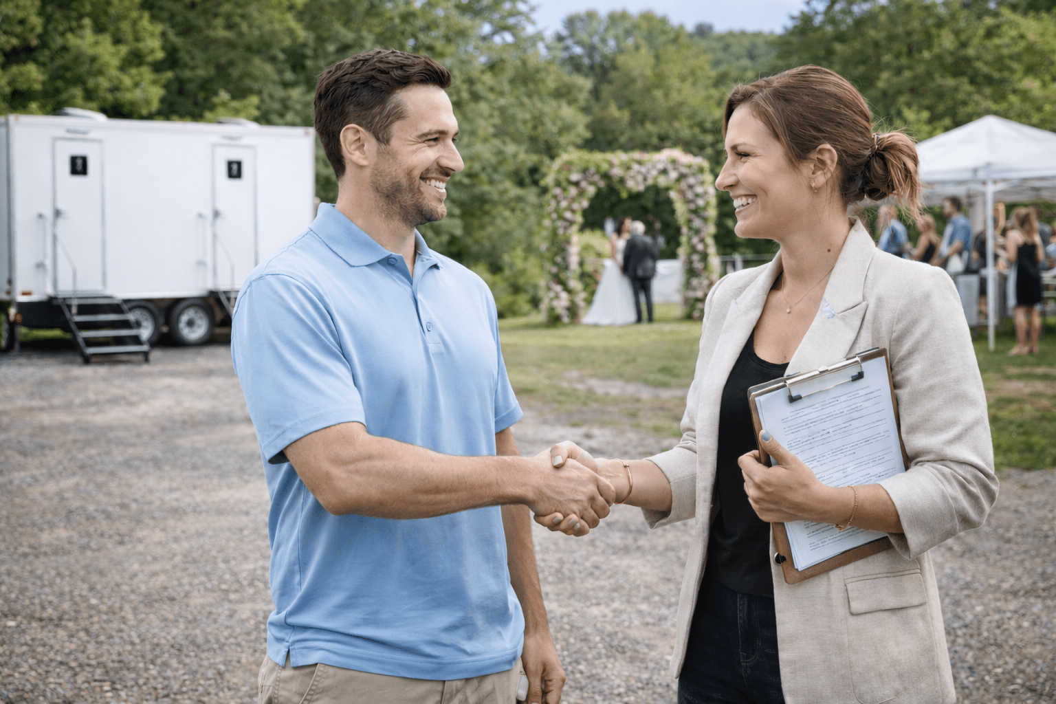 People enjoying a backyard party with tables of food, drinks, and string lights on a sunny day, with a portable restroom in the background.