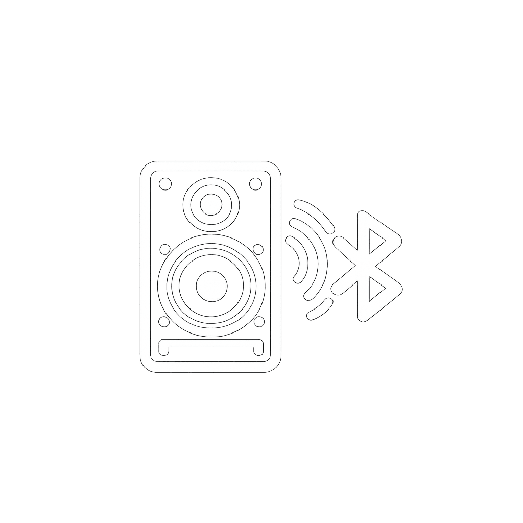 Icon of a speaker with Bluetooth signal above it, on a black background.