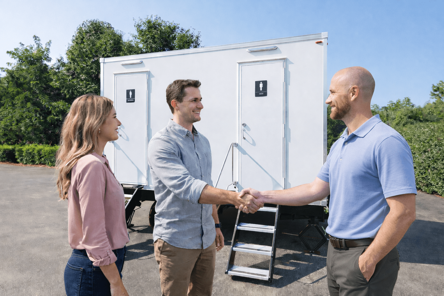 Three people, two men and one woman, standing outdoors in front of a portable restroom, shaking hands and smiling.