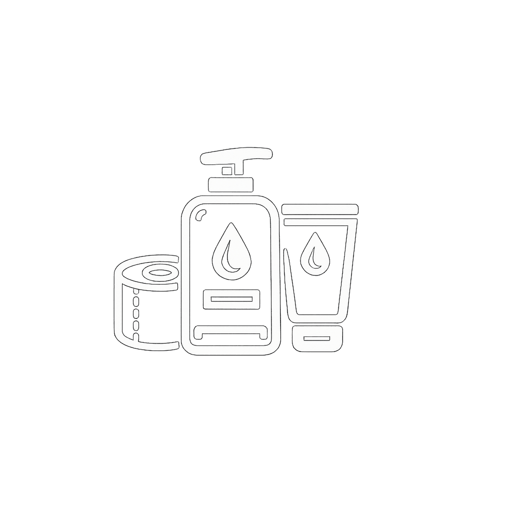 Line drawing of personal hygiene products including a bar of soap, a pump bottle of liquid soap or sanitizer, and a tube of cream or lotion, all with droplet icons.